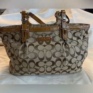 Coach Brown/Khaki Signature Canvas Tote with Patent Trim